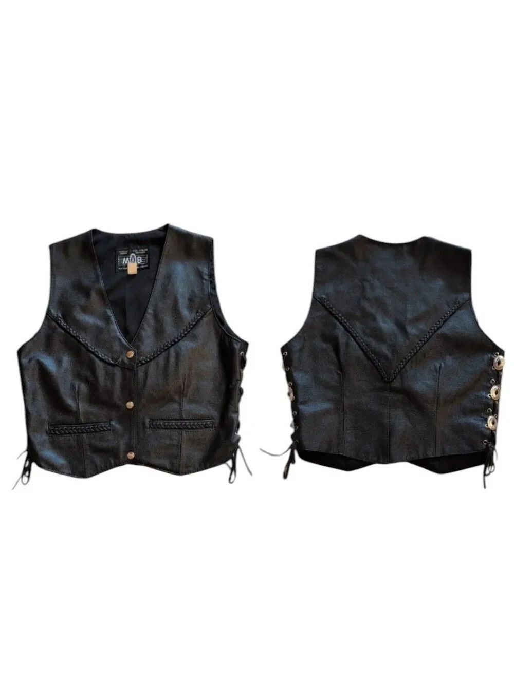 MOB Genuine Leather Biker Western Vest Lace Up Concho Sides Black Snap Front M